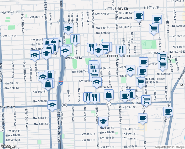 map of restaurants, bars, coffee shops, grocery stores, and more near in Miami