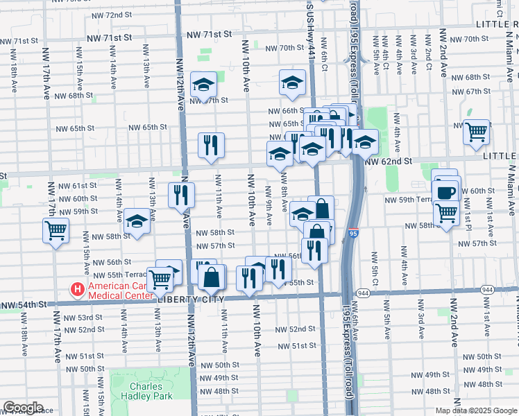 map of restaurants, bars, coffee shops, grocery stores, and more near 1005 Northwest 59th Street in Miami