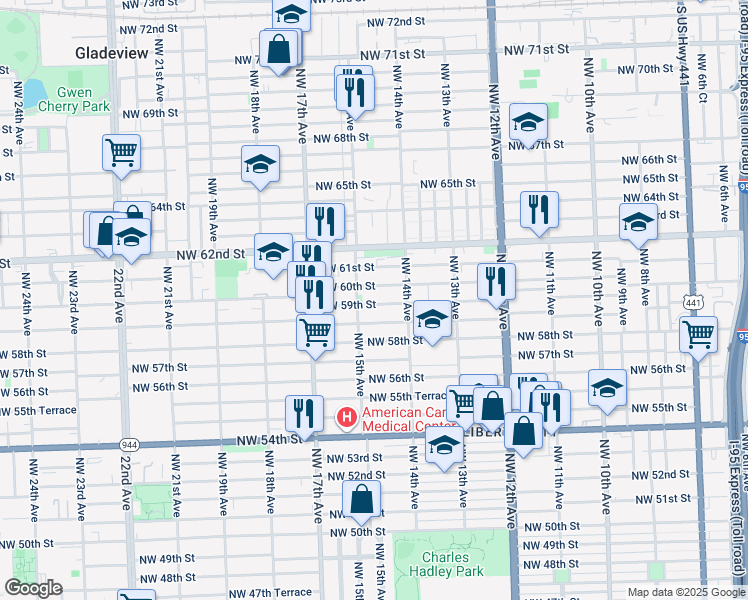 map of restaurants, bars, coffee shops, grocery stores, and more near 1426 Northwest 60th Street in Miami