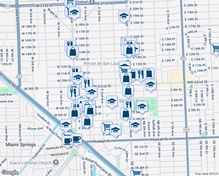 map of restaurants, bars, coffee shops, grocery stores, and more near 230 Northwest 62nd Street in Hialeah