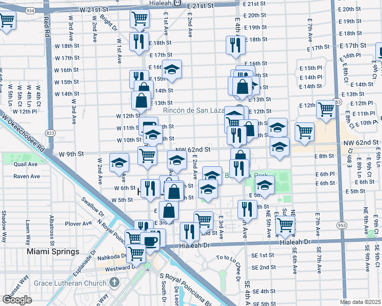 map of restaurants, bars, coffee shops, grocery stores, and more near 16 Northwest 62nd Street in Hialeah