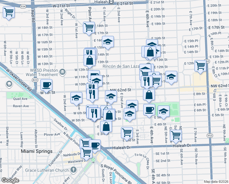 map of restaurants, bars, coffee shops, grocery stores, and more near 16 Northwest 62nd Street in Hialeah