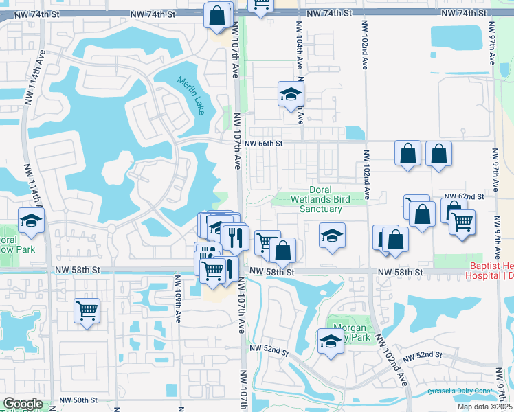 map of restaurants, bars, coffee shops, grocery stores, and more near 5875 Southwest 105th Street in Doral