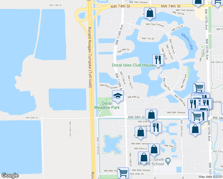 map of restaurants, bars, coffee shops, grocery stores, and more near 11405 Northwest 62nd Terrace in Doral