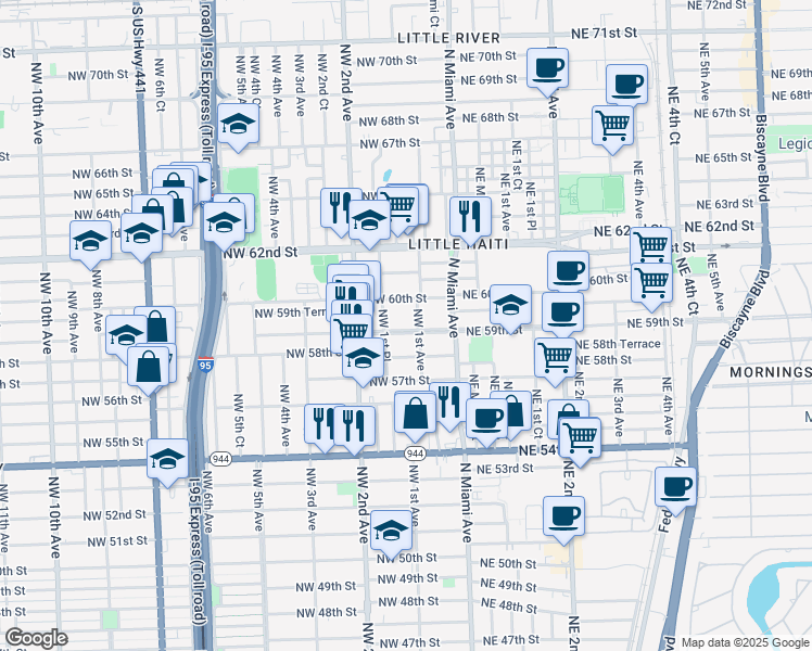map of restaurants, bars, coffee shops, grocery stores, and more near 165 Northwest 59th Street in Miami