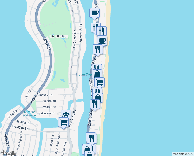 map of restaurants, bars, coffee shops, grocery stores, and more near 5225 Collins Avenue in Miami
