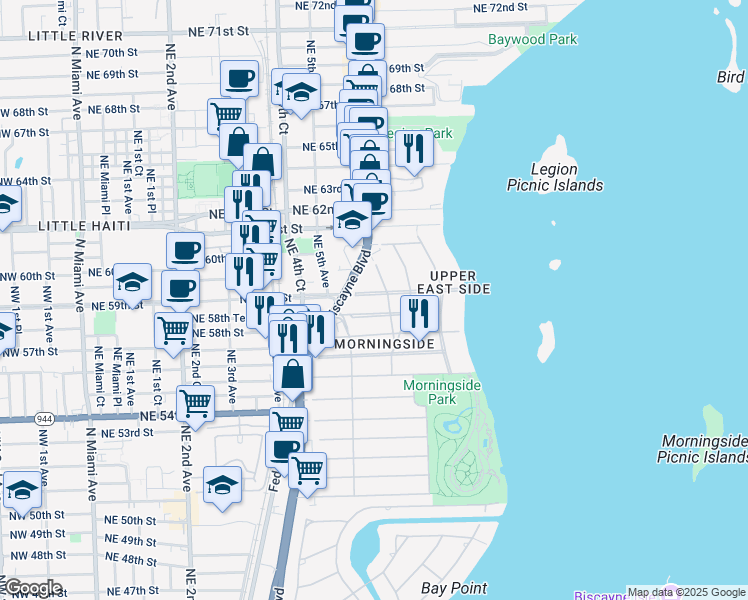 map of restaurants, bars, coffee shops, grocery stores, and more near 560 Northeast 59th Street in Miami