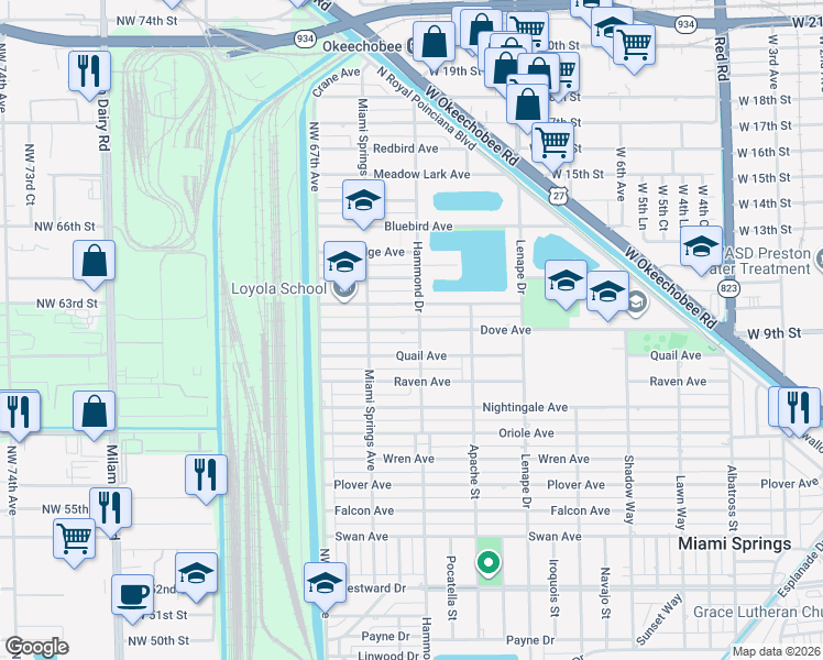 map of restaurants, bars, coffee shops, grocery stores, and more near 1125 Dove Avenue in Miami Springs