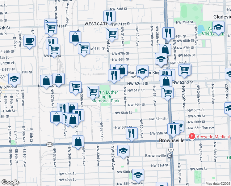 map of restaurants, bars, coffee shops, grocery stores, and more near 3152 Northwest 61st Street in Miami