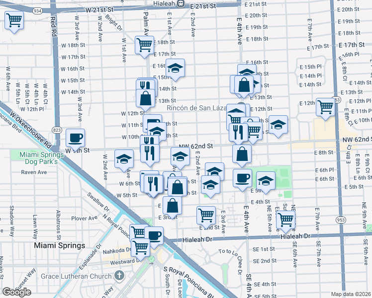 map of restaurants, bars, coffee shops, grocery stores, and more near 16 Northwest 62nd Street in Hialeah