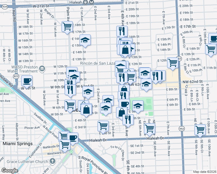 map of restaurants, bars, coffee shops, grocery stores, and more near 302 East 9th Street in Hialeah