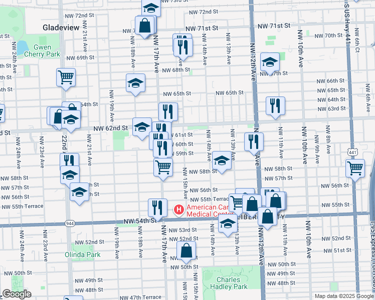 map of restaurants, bars, coffee shops, grocery stores, and more near 1512 Northwest 60th Street in Miami