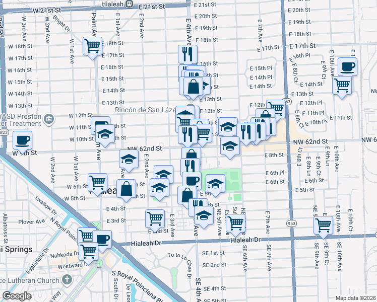 map of restaurants, bars, coffee shops, grocery stores, and more near 380 East 9th Street in Hialeah