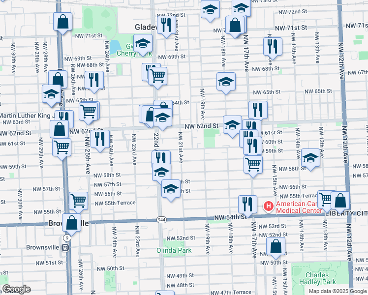 map of restaurants, bars, coffee shops, grocery stores, and more near 6001 Northwest 21st Avenue in Miami