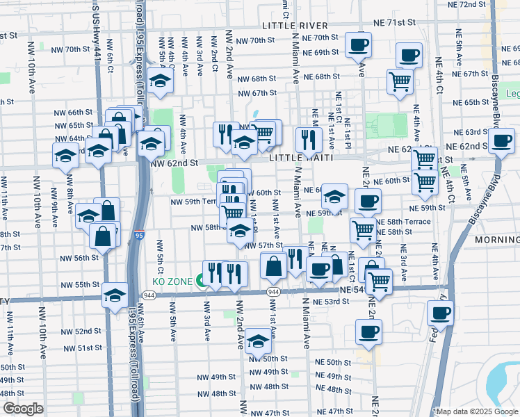 map of restaurants, bars, coffee shops, grocery stores, and more near 165 Northwest 59th Street in Miami