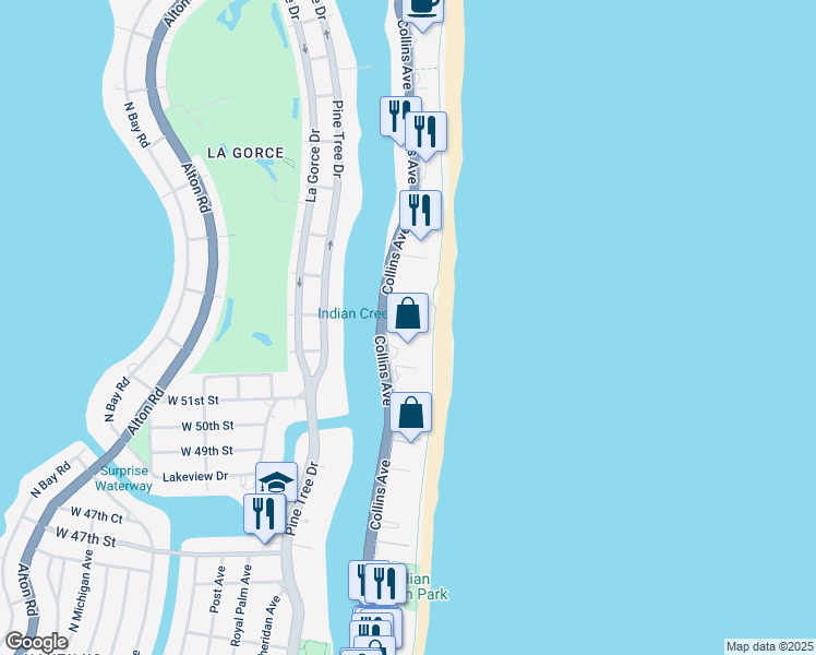 map of restaurants, bars, coffee shops, grocery stores, and more near 5225 Collins Avenue in Miami Beach