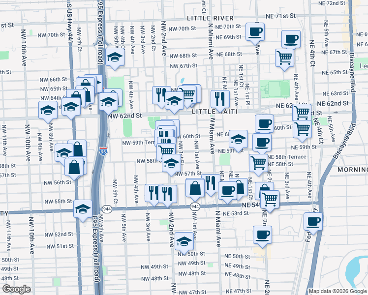 map of restaurants, bars, coffee shops, grocery stores, and more near 165 Northwest 59th Street in Miami