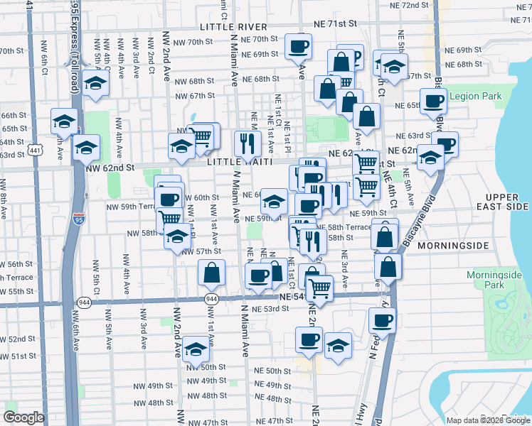 map of restaurants, bars, coffee shops, grocery stores, and more near 93 Northeast 59th Street in Miami