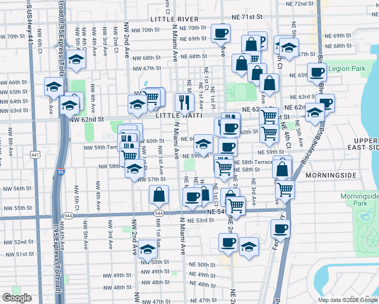 map of restaurants, bars, coffee shops, grocery stores, and more near 22 Northeast 59th Terrace in Miami
