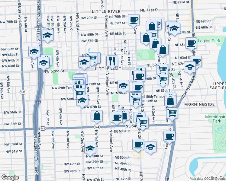 map of restaurants, bars, coffee shops, grocery stores, and more near 22 Northeast 59th Terrace in Miami
