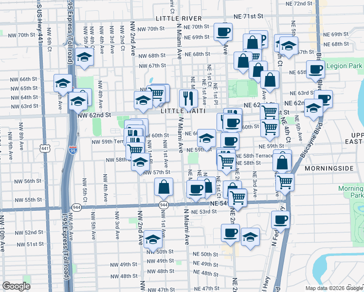 map of restaurants, bars, coffee shops, grocery stores, and more near 22 Northeast 59th Terrace in Miami