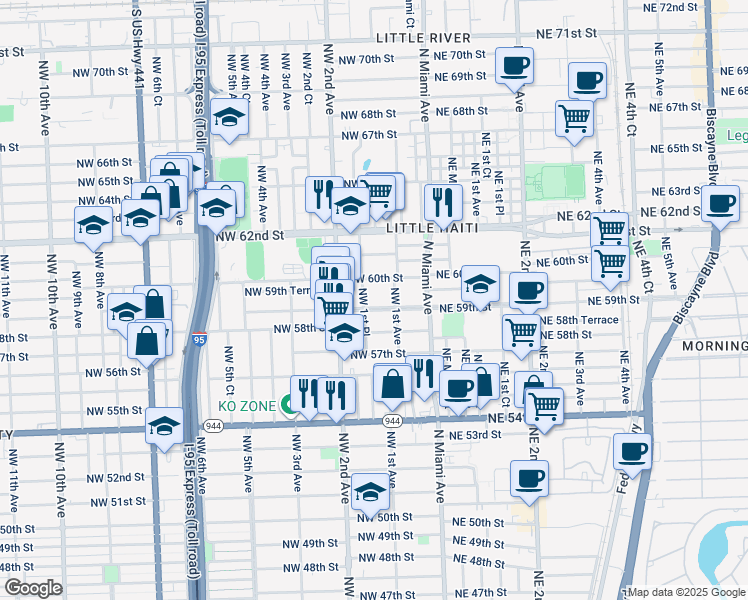 map of restaurants, bars, coffee shops, grocery stores, and more near 165 Northwest 59th Street in Miami