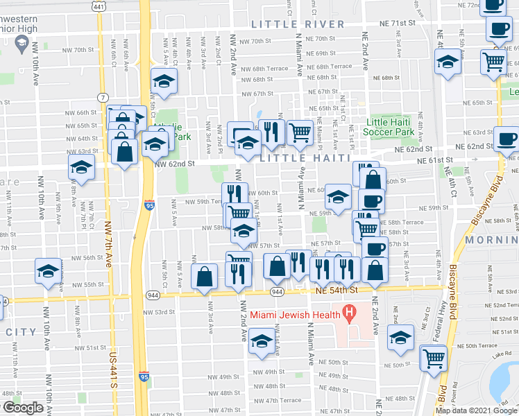 map of restaurants, bars, coffee shops, grocery stores, and more near 165 Northwest 59th Street in Miami
