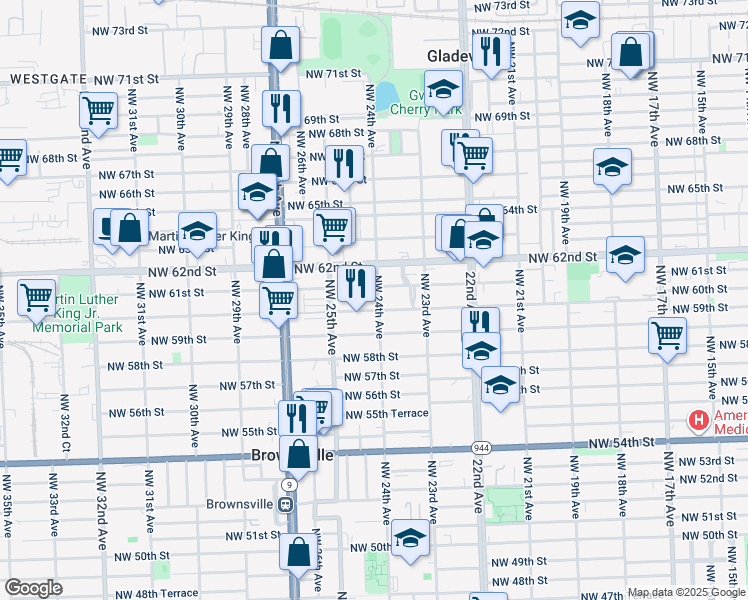 map of restaurants, bars, coffee shops, grocery stores, and more near 2370 Northwest 61st Street in Miami