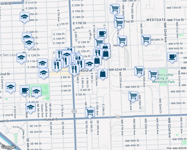 map of restaurants, bars, coffee shops, grocery stores, and more near 825 East 9th Lane in Hialeah