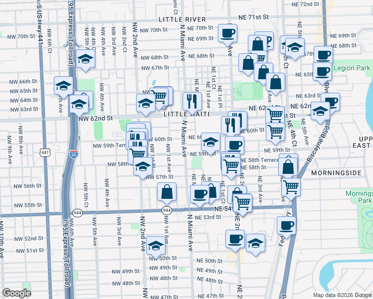 map of restaurants, bars, coffee shops, grocery stores, and more near 22 Northeast 59th Terrace in Miami