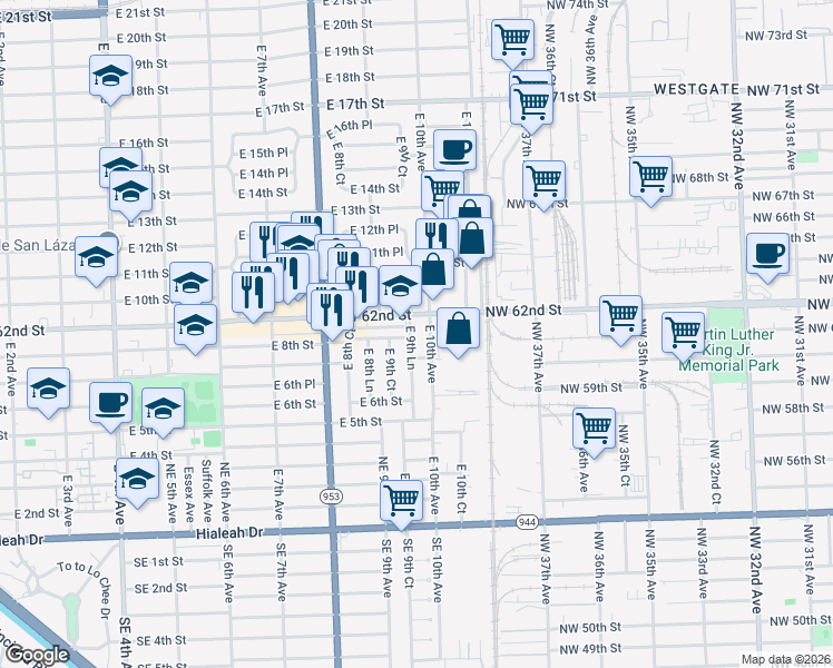 map of restaurants, bars, coffee shops, grocery stores, and more near 825 East 9th Lane in Hialeah