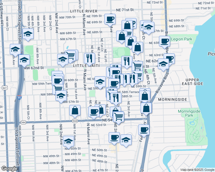 map of restaurants, bars, coffee shops, grocery stores, and more near 167 Northeast 59th Street in Miami