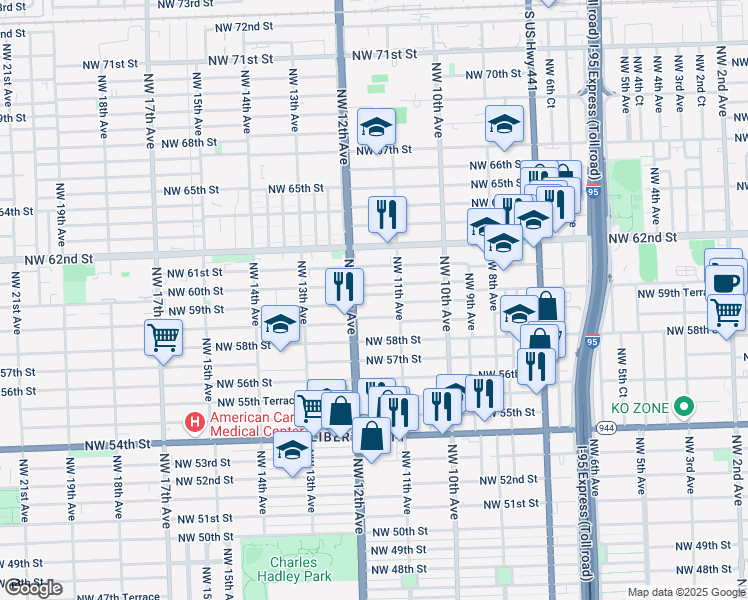 map of restaurants, bars, coffee shops, grocery stores, and more near 1148 Northwest 59th Street in Miami