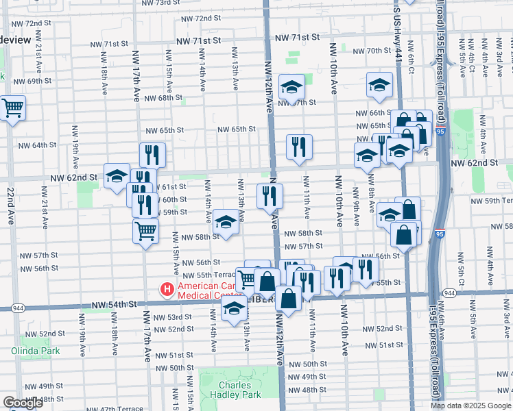 map of restaurants, bars, coffee shops, grocery stores, and more near 5916 Northwest 12th Avenue in Miami