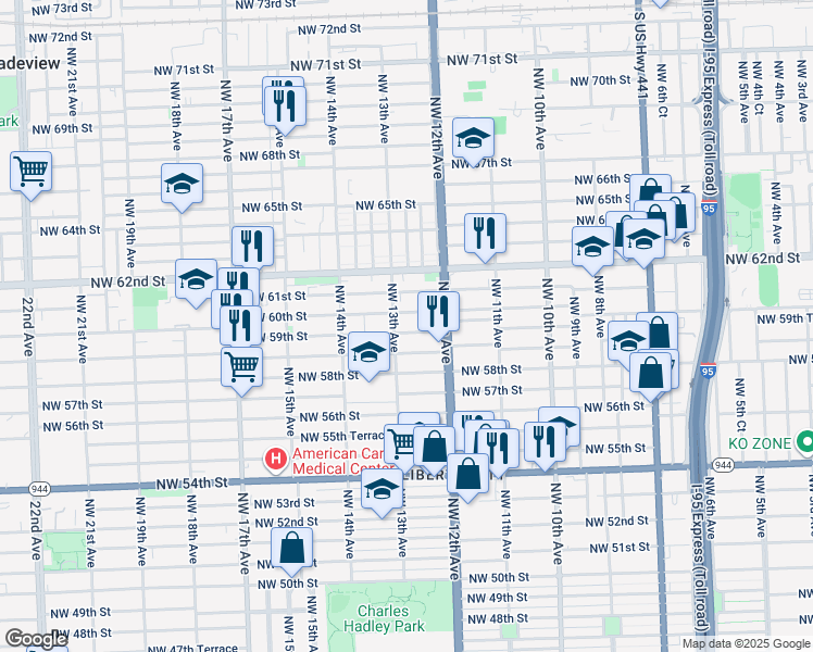 map of restaurants, bars, coffee shops, grocery stores, and more near 1275 Northwest 59th Street in Miami