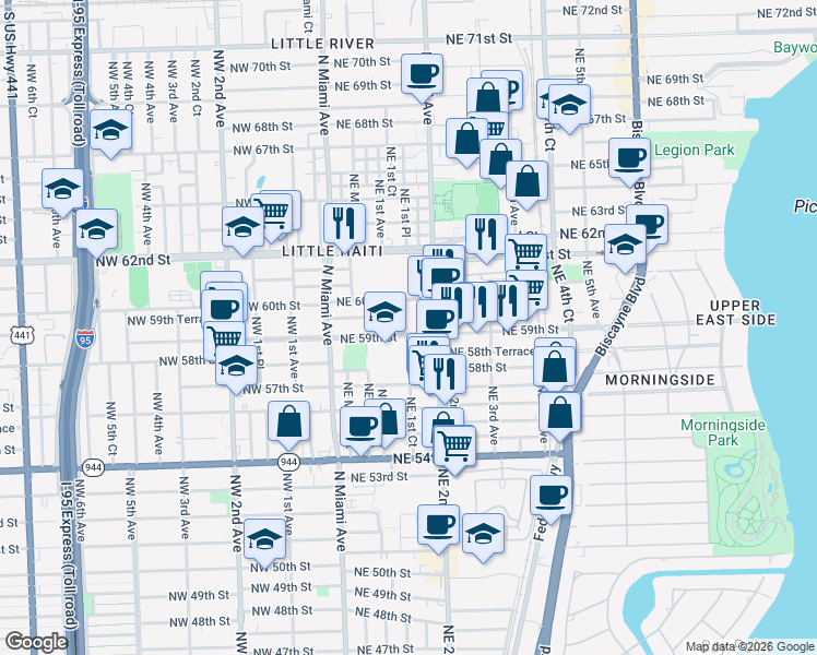 map of restaurants, bars, coffee shops, grocery stores, and more near 155 Northeast 59th Street in Miami