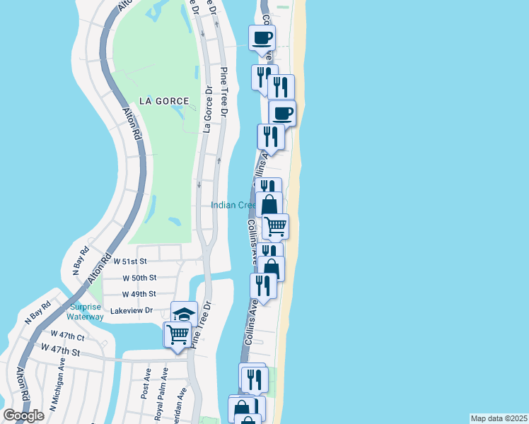 map of restaurants, bars, coffee shops, grocery stores, and more near 5225 Collins Avenue in Miami