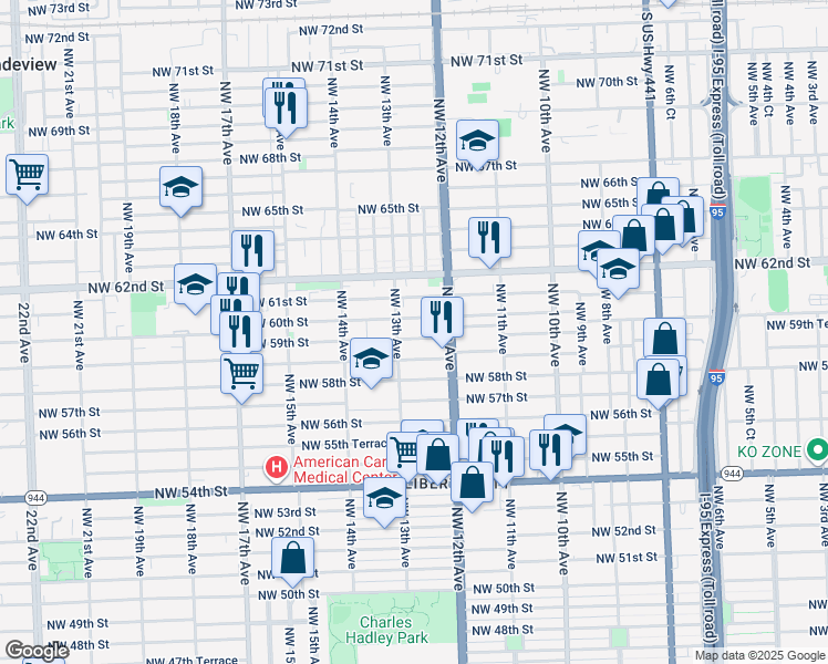 map of restaurants, bars, coffee shops, grocery stores, and more near 1287 Northwest 59th Street in Miami