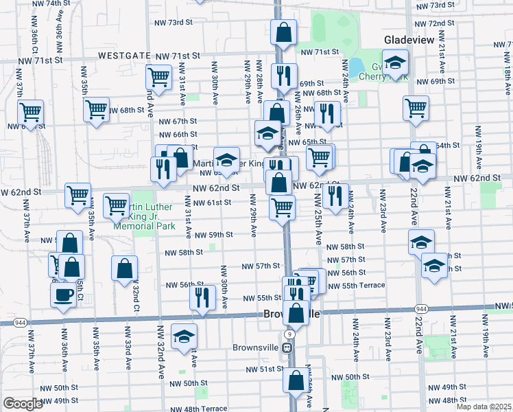 map of restaurants, bars, coffee shops, grocery stores, and more near 2750 Northwest 61st Street in Miami