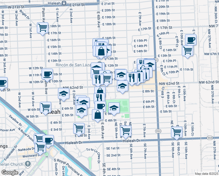 map of restaurants, bars, coffee shops, grocery stores, and more near 450 Northwest 62nd Street in Hialeah