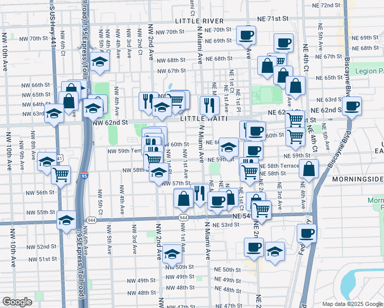 map of restaurants, bars, coffee shops, grocery stores, and more near 37 Northwest 59th Street in Miami
