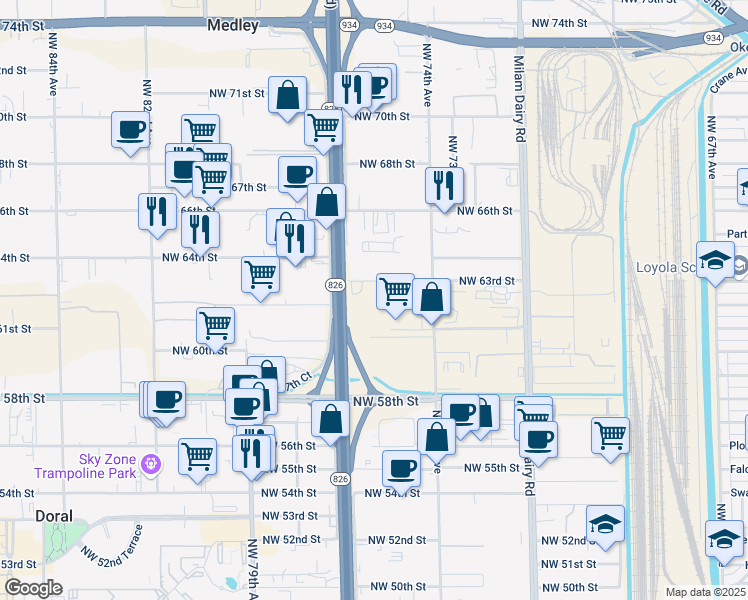 map of restaurants, bars, coffee shops, grocery stores, and more near 7640 Northwest 63rd Street in Miami