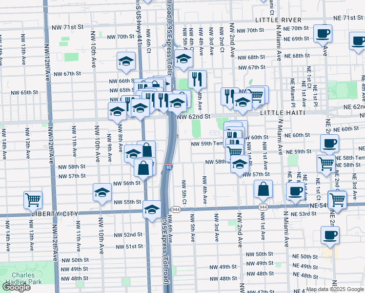 map of restaurants, bars, coffee shops, grocery stores, and more near 5933 Northwest 5th Court in Miami