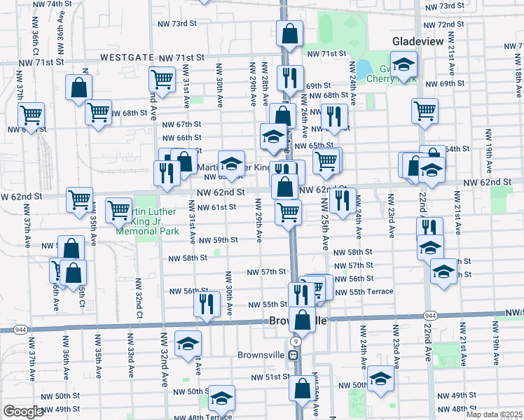 map of restaurants, bars, coffee shops, grocery stores, and more near 2750 Northwest 61st Street in Miami