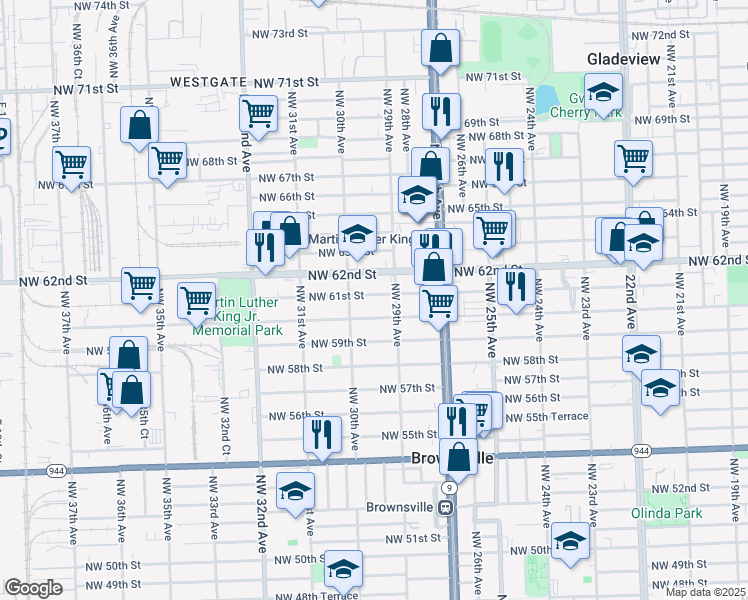 map of restaurants, bars, coffee shops, grocery stores, and more near 2944 Northwest 61st Street in Miami