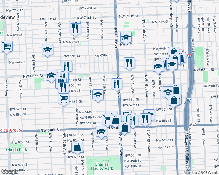 map of restaurants, bars, coffee shops, grocery stores, and more near 1287 Northwest 59th Street in Miami