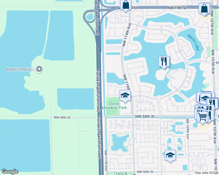map of restaurants, bars, coffee shops, grocery stores, and more near 6103 Northwest 116 Place in Doral