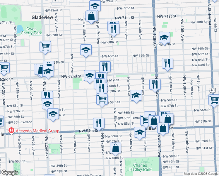 map of restaurants, bars, coffee shops, grocery stores, and more near 1540 Northwest 60th Street in Miami