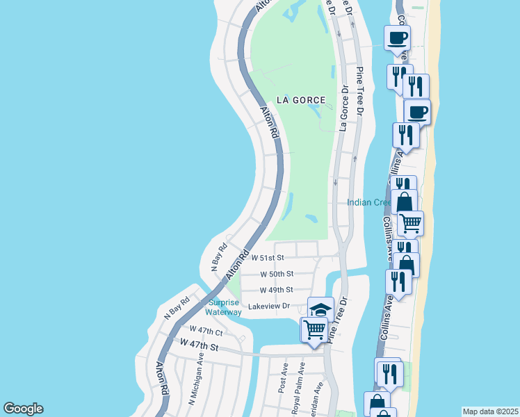 map of restaurants, bars, coffee shops, grocery stores, and more near 5223 N Bay Rd in Miami