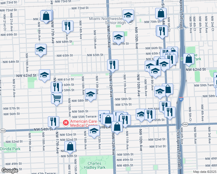 map of restaurants, bars, coffee shops, grocery stores, and more near 5916 Northwest 12th Avenue in Miami